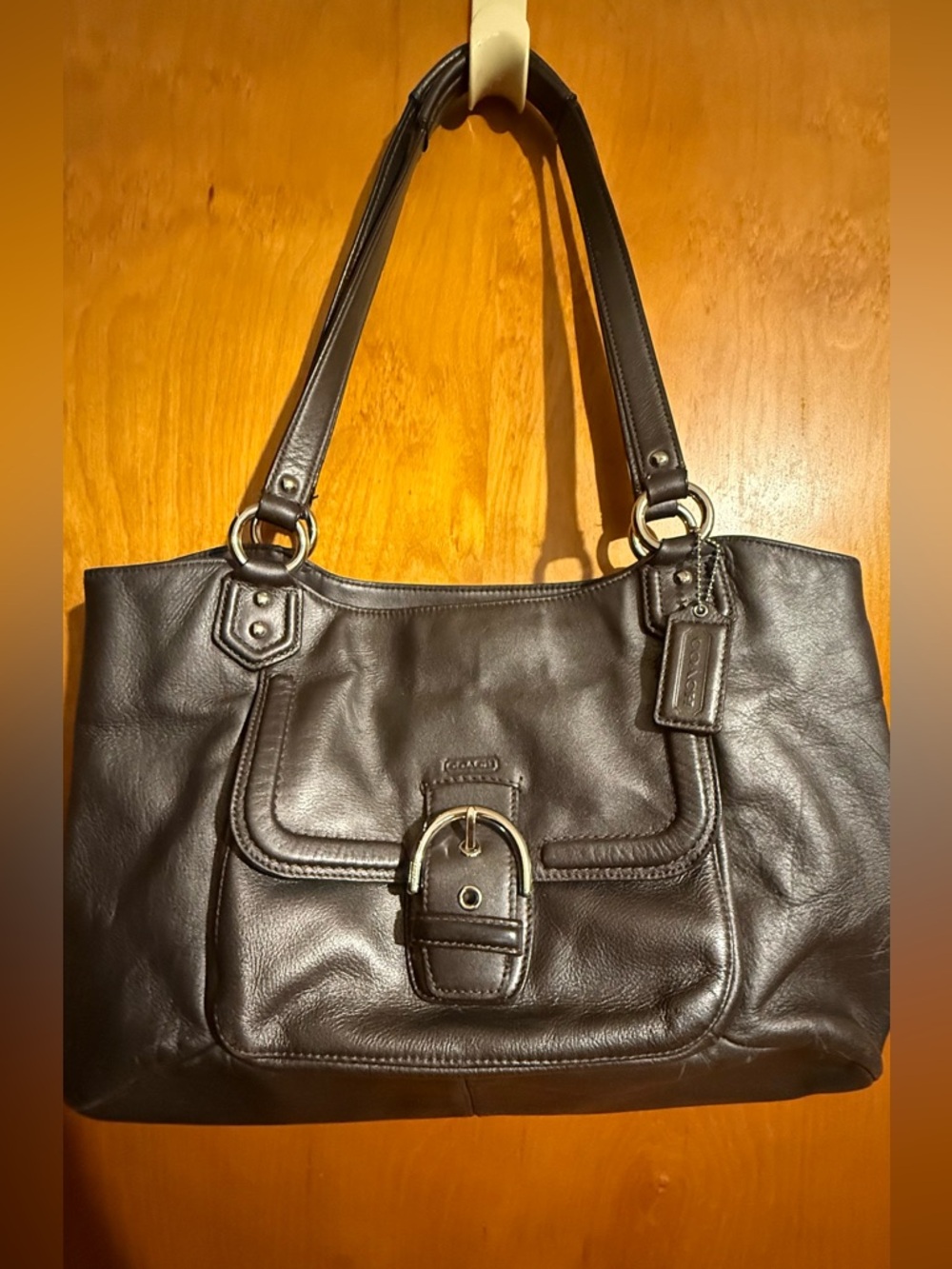 Coach Black Leather Shoulder Tote with Front Buckle Pocket - Picture 2 of 12